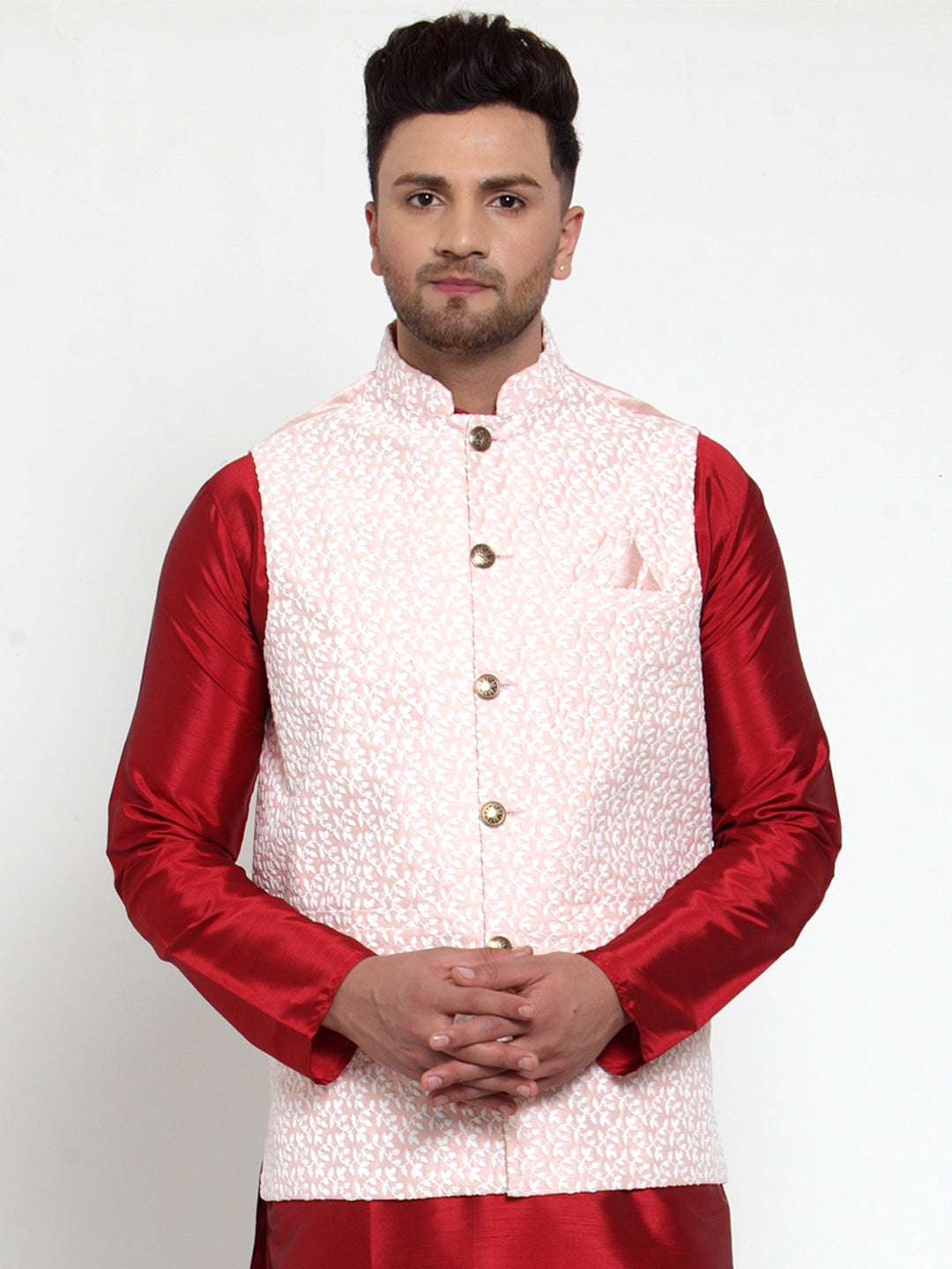 Jompers Men's Beautiful Pink Embroidered Nehru Jacket