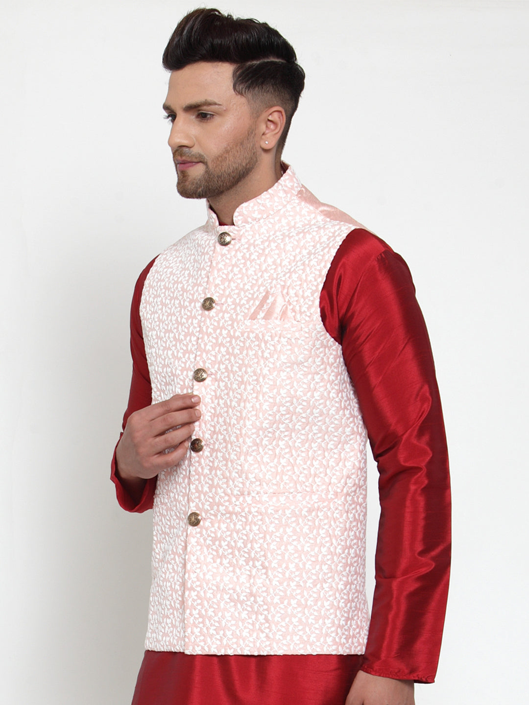 Jompers Men's Beautiful Pink Embroidered Nehru Jacket