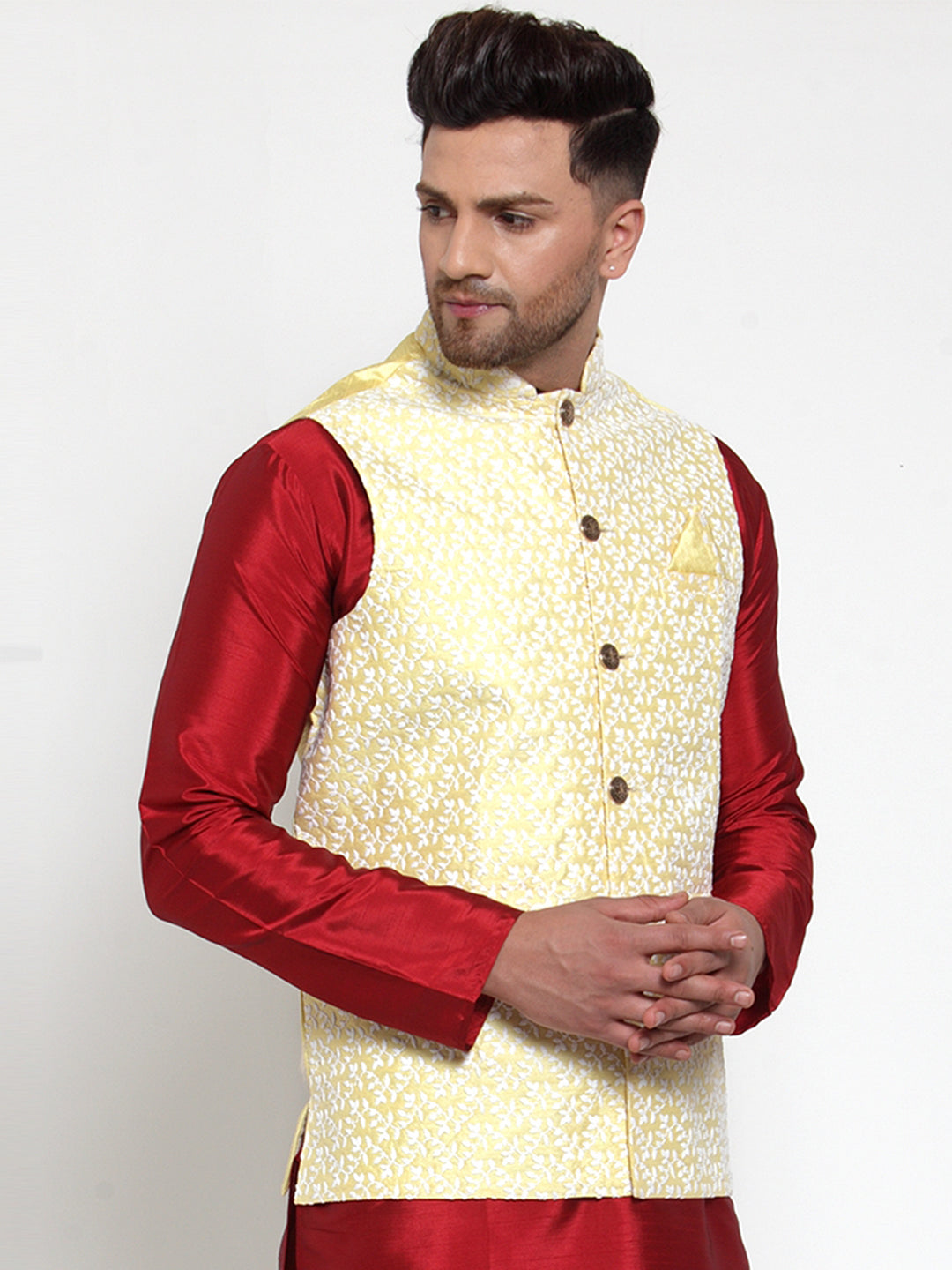 Jompers Men's Yellow Embroidered Nehru Jacket