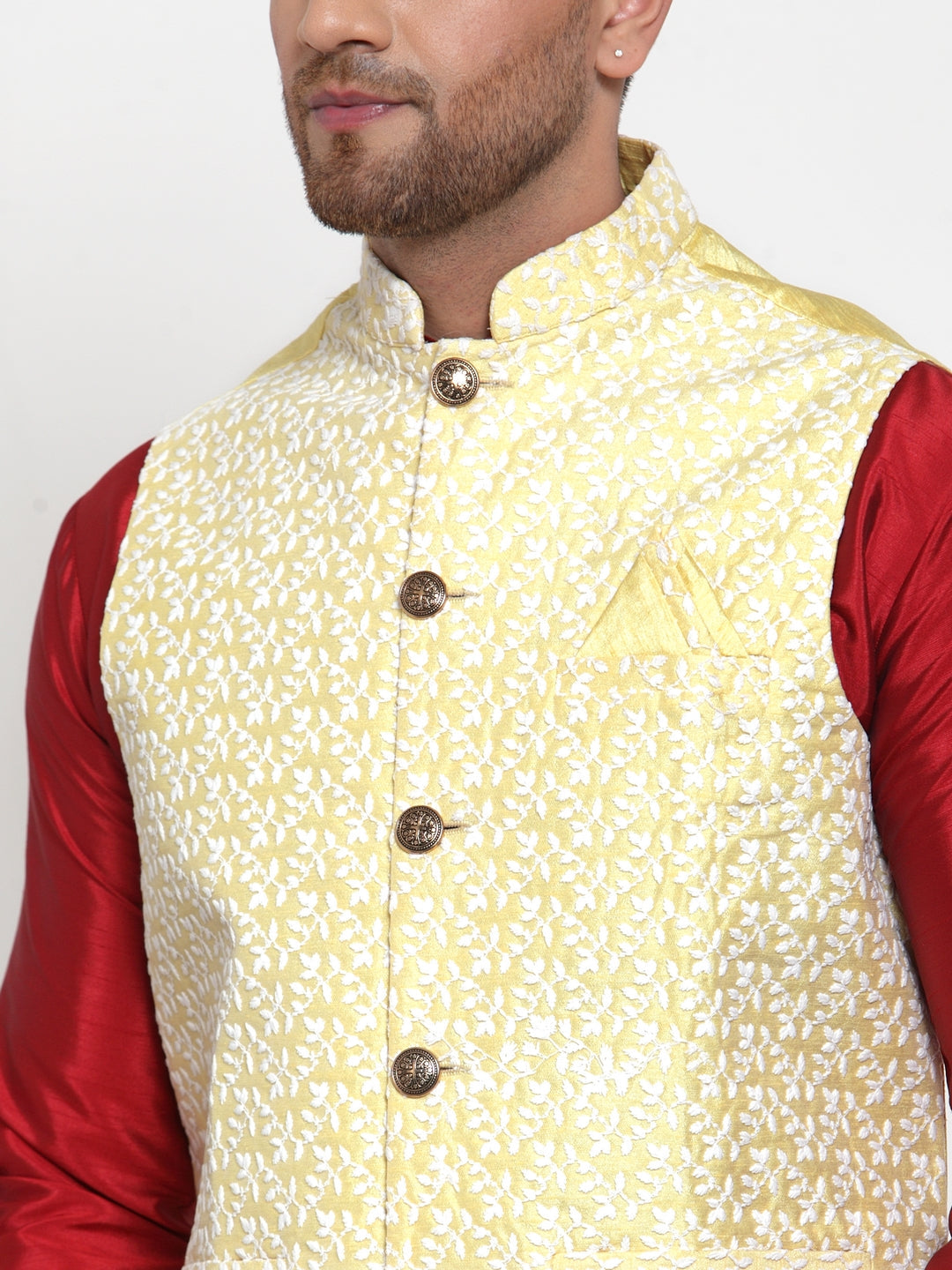 Jompers Men's Yellow Embroidered Nehru Jacket