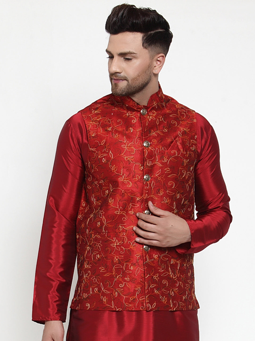 Jompers Men's Maroon Embroidered Nehru Jacket