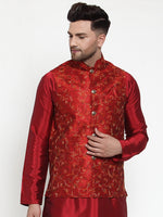Thumbnail for Jompers Men's Maroon Embroidered Nehru Jacket
