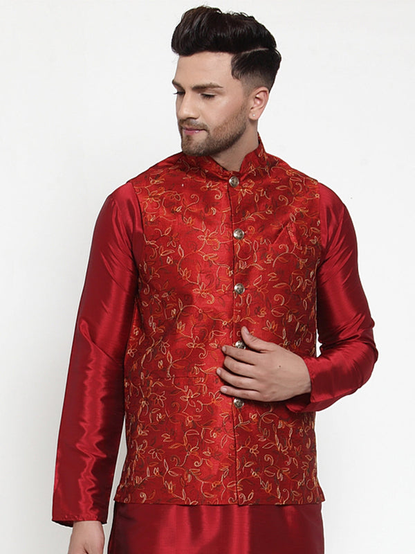 Jompers Men's Maroon Embroidered Nehru Jacket