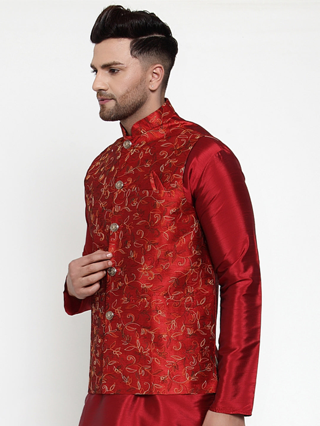 Jompers Men's Maroon Embroidered Nehru Jacket