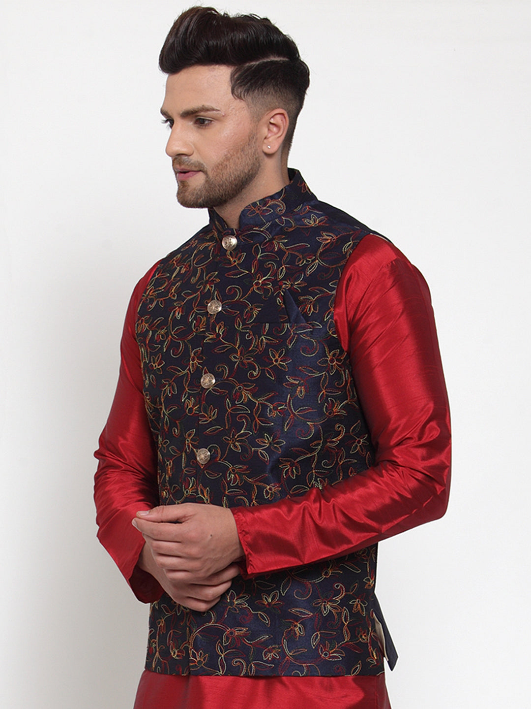 Jompers Men's Navy Embroidered Nehru Jacket