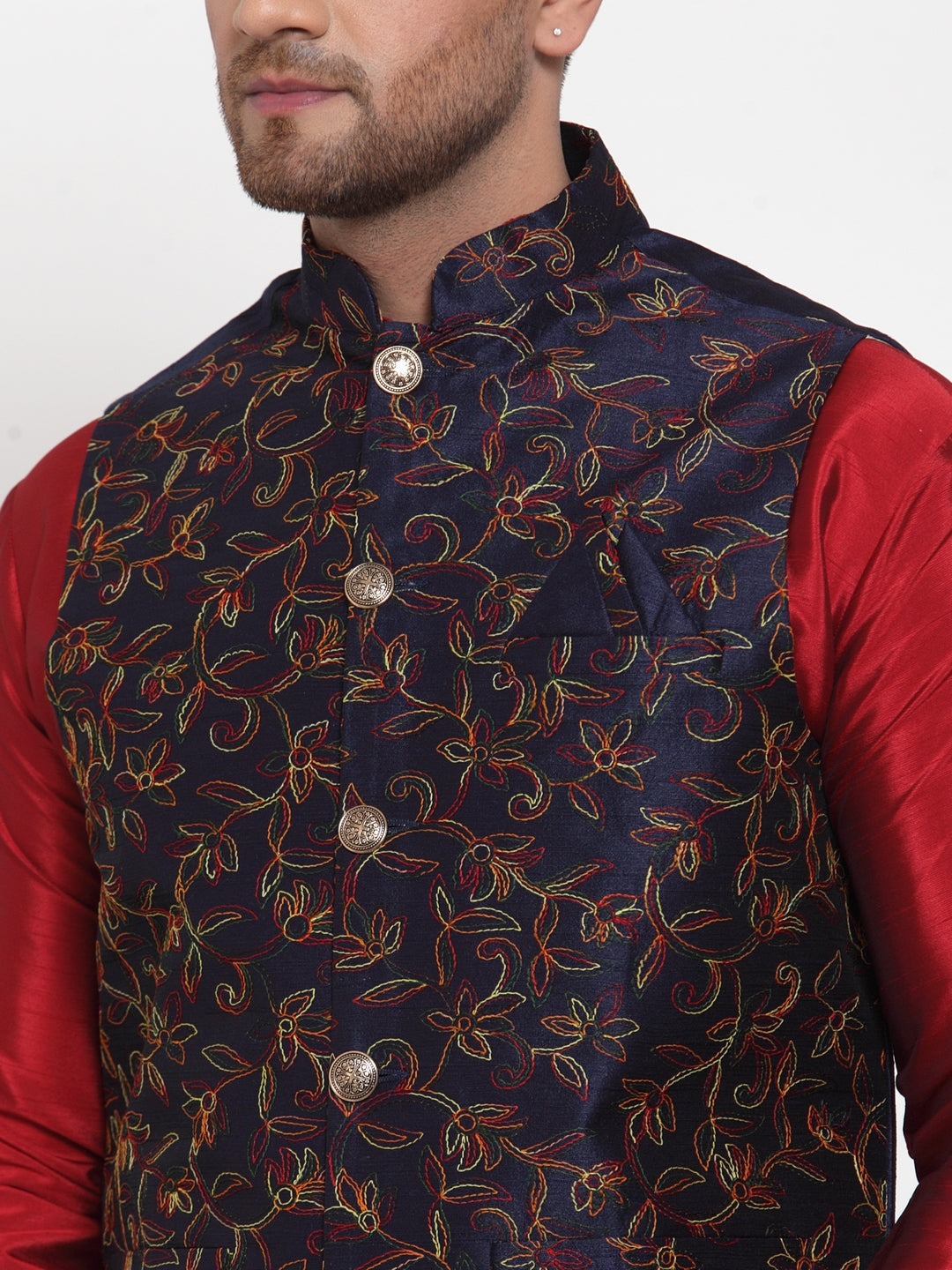 Jompers Men's Navy Embroidered Nehru Jacket