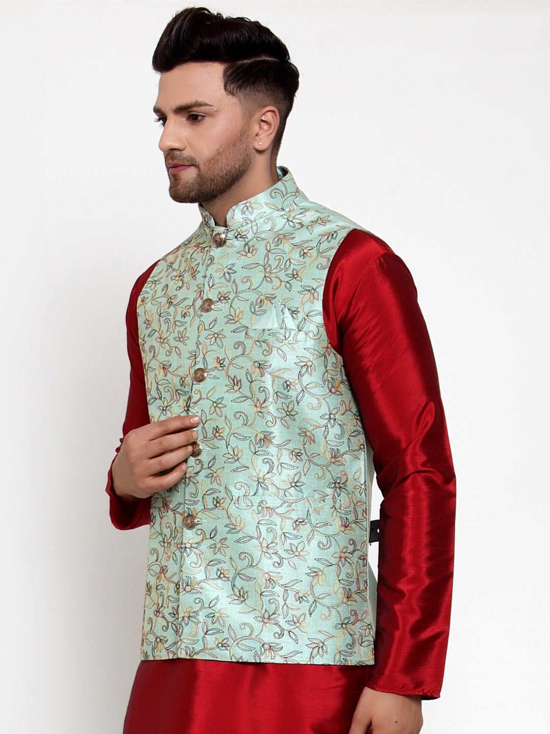Jompers Men's Blue Embroidered Nehru Jacket