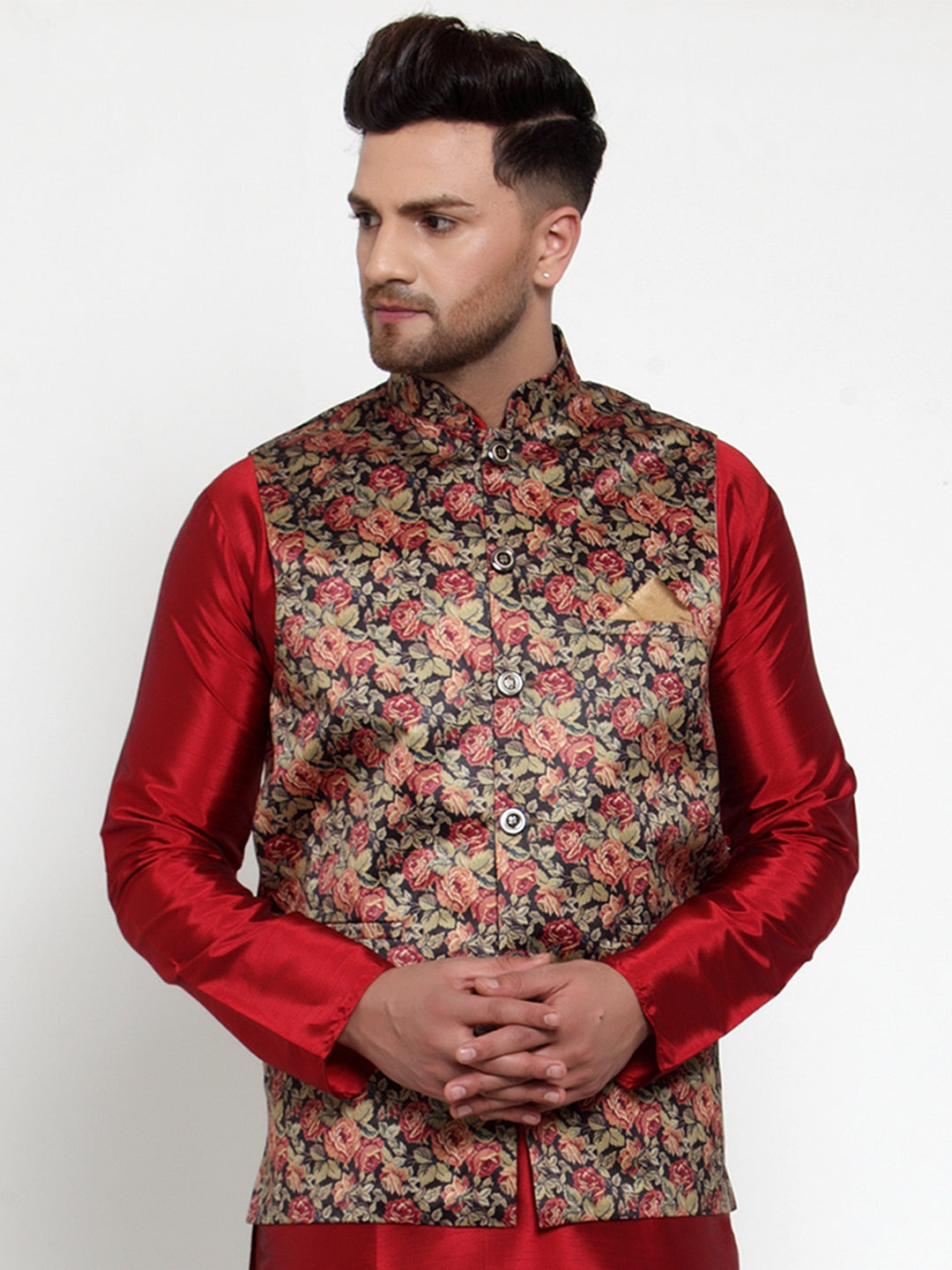 Jompers Men's Beautiful Black Printed Nehru Jacket