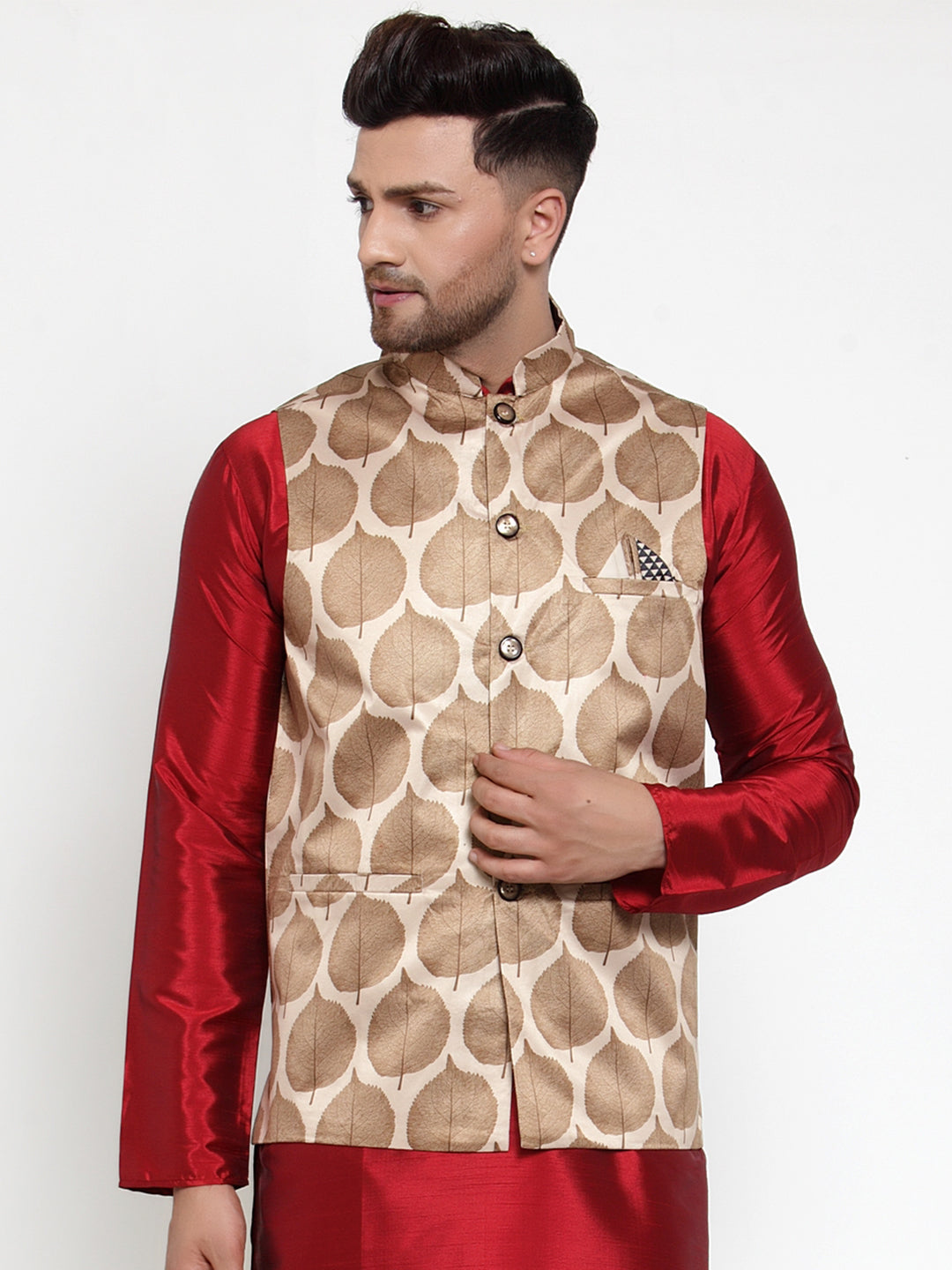 Jompers Men's Brown Printed Nehru Jacket