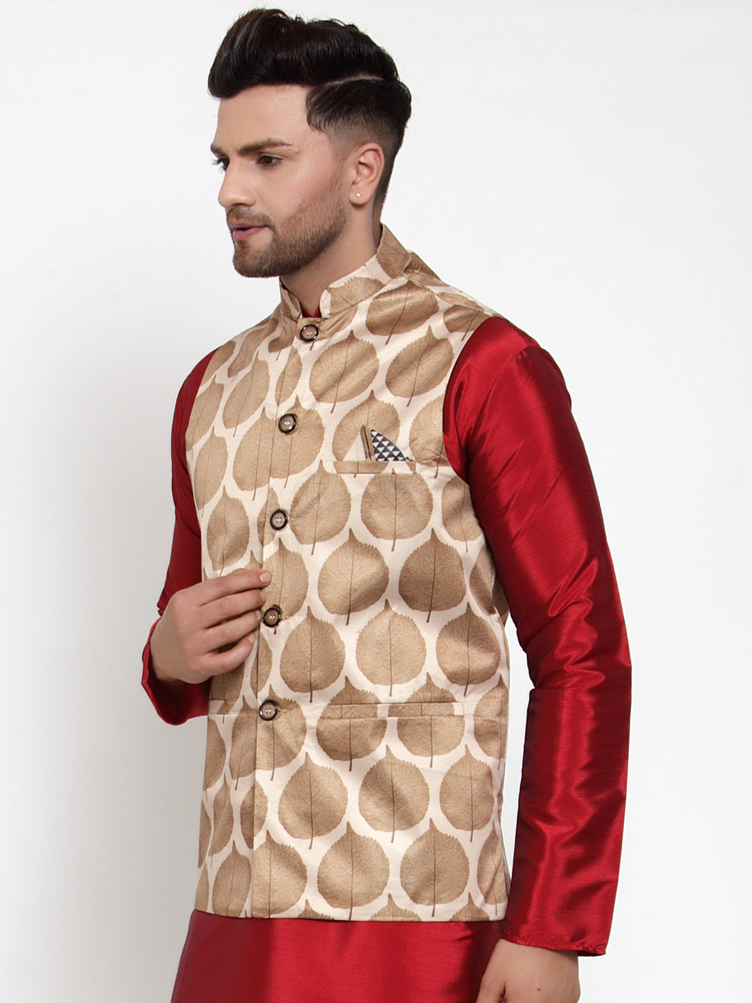 Jompers Men's Brown Printed Nehru Jacket