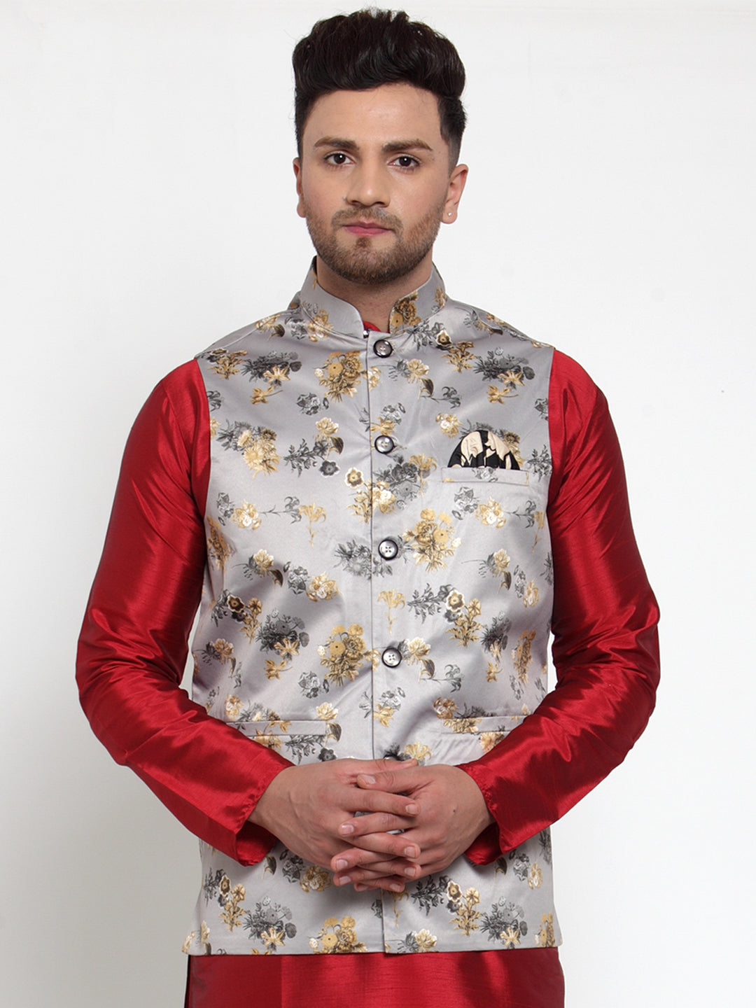Jompers Men's Grey Printed Nehru Jacket