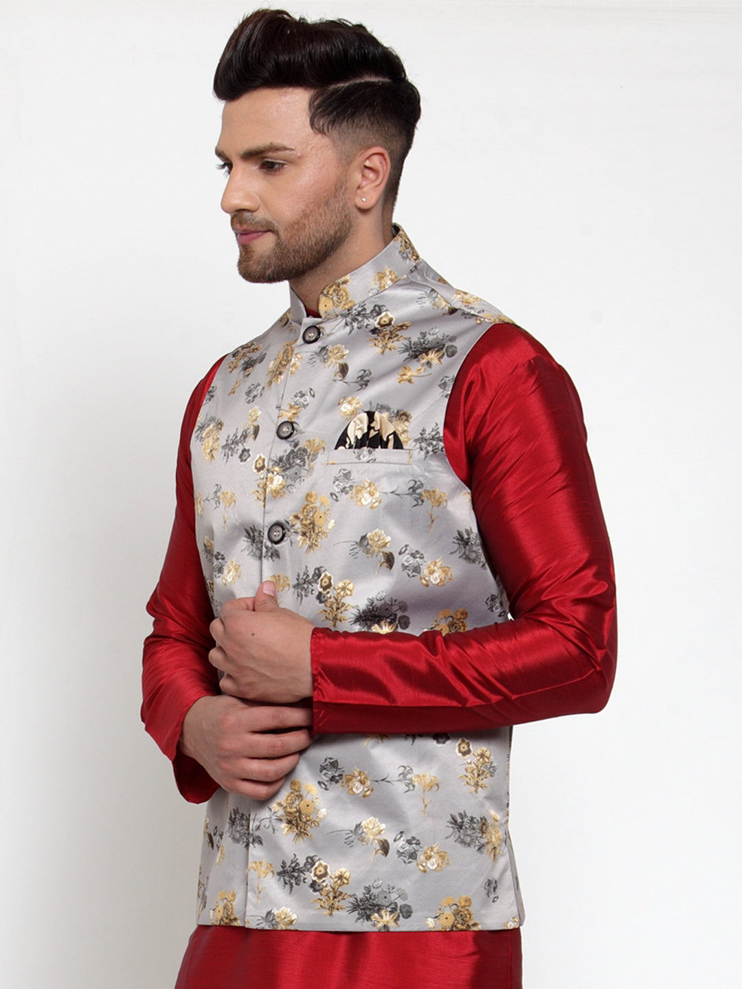 Jompers Men's Grey Printed Nehru Jacket