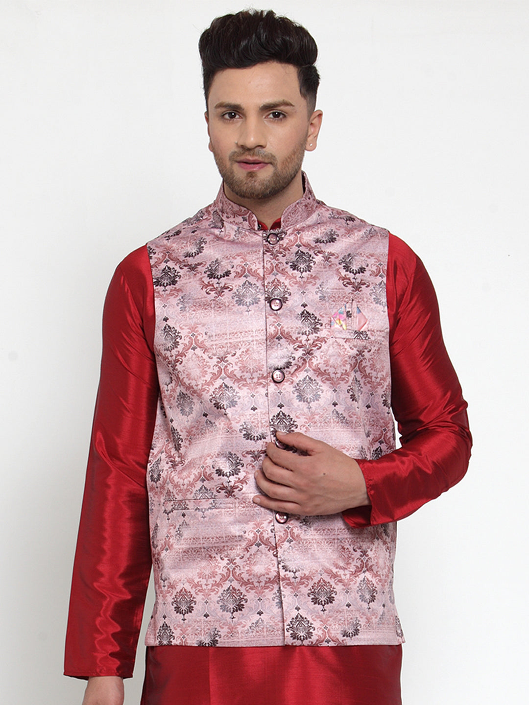 Jompers Men's Pink Printed Nehru Jacket