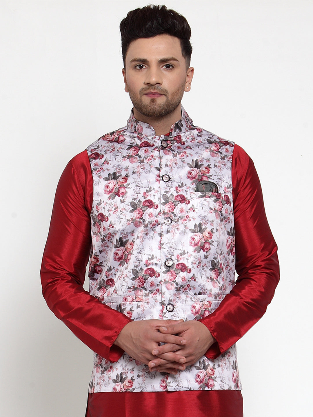 Jompers Men's Silver Printed Nehru Jacket