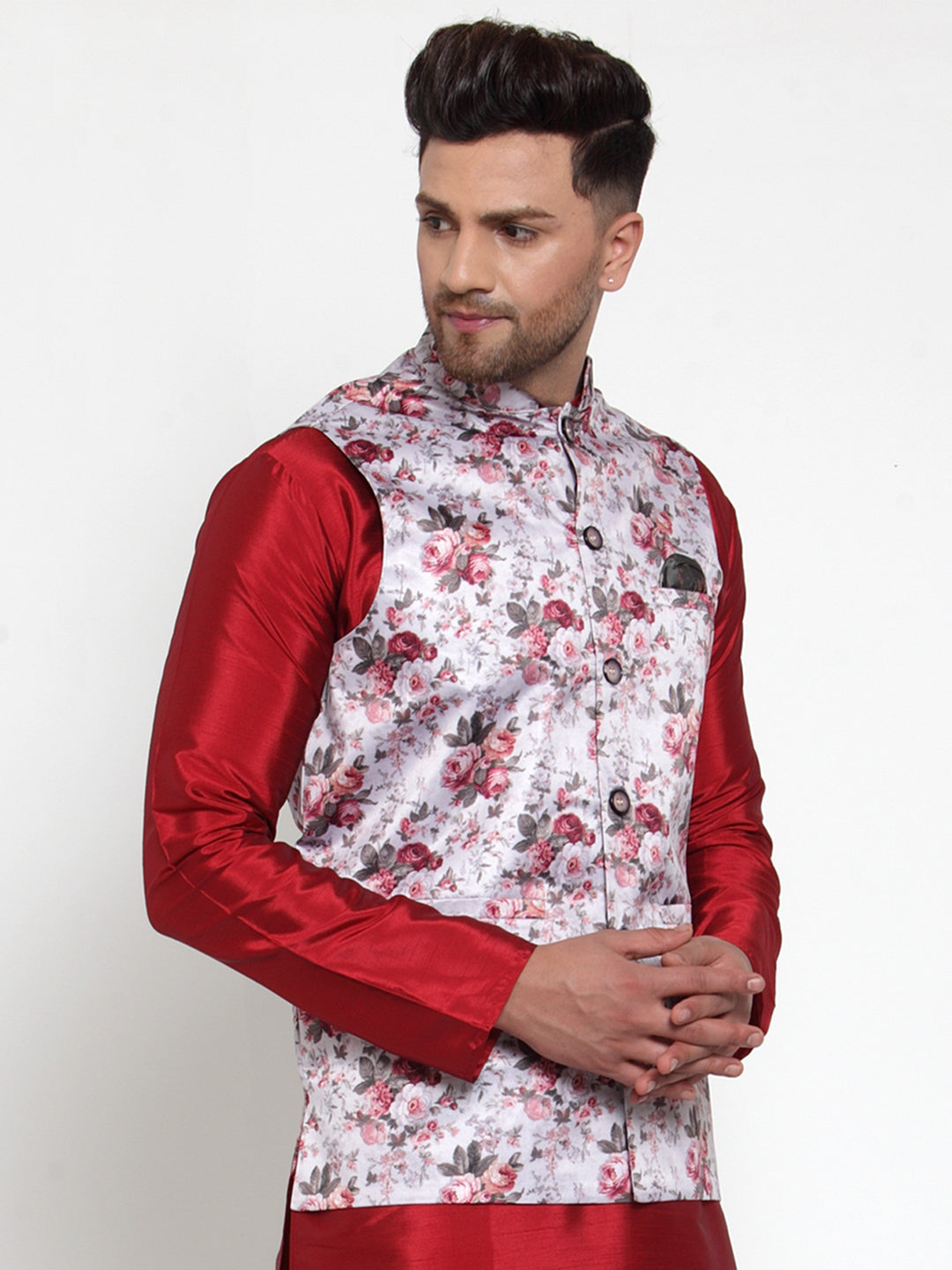Jompers Men's Silver Printed Nehru Jacket