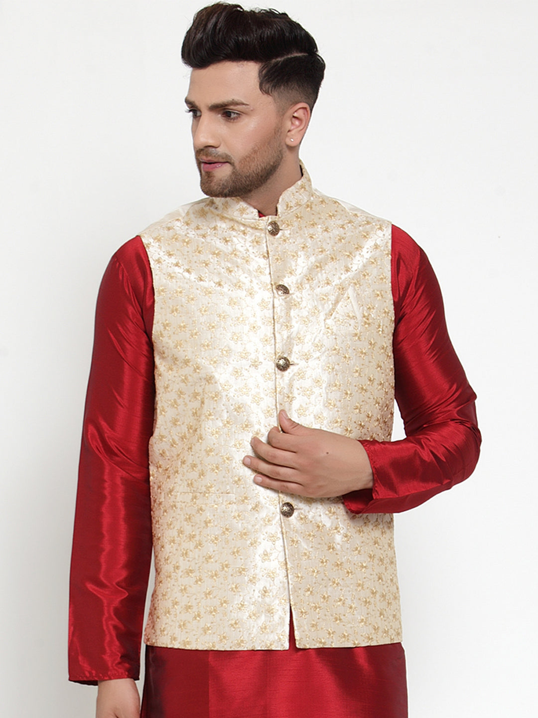 Jompers Men's Cream Embroidered Nehru Jacket