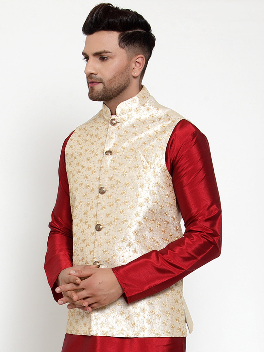 Jompers Men's Cream Embroidered Nehru Jacket