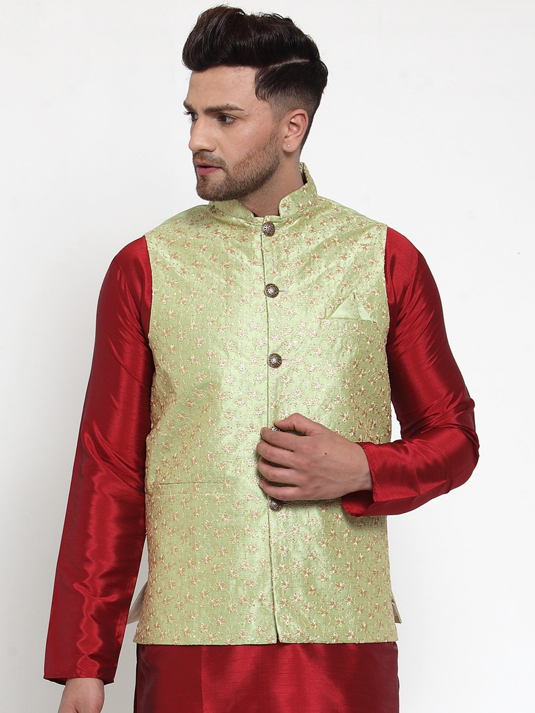 Jompers Men's Beautiful Green Embroidered Nehru Jacket