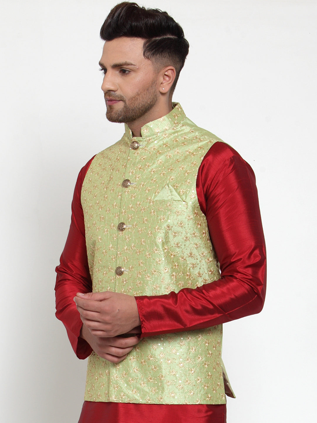 Jompers Men's Beautiful Green Embroidered Nehru Jacket