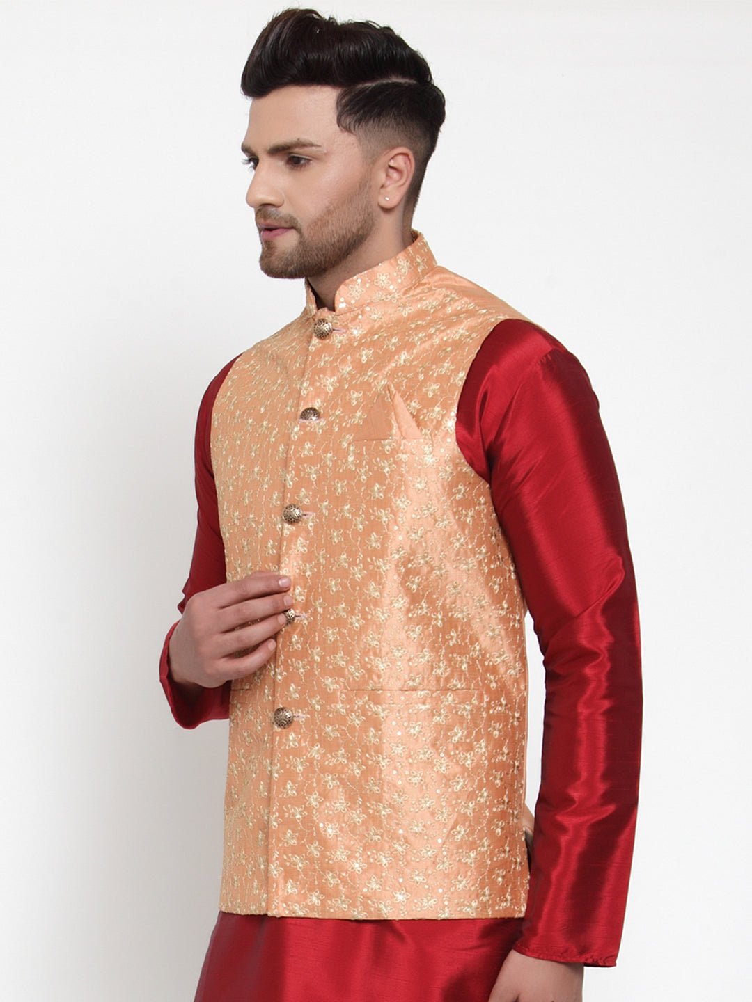 Jompers Men's Peach Embroidered Nehru Jacket