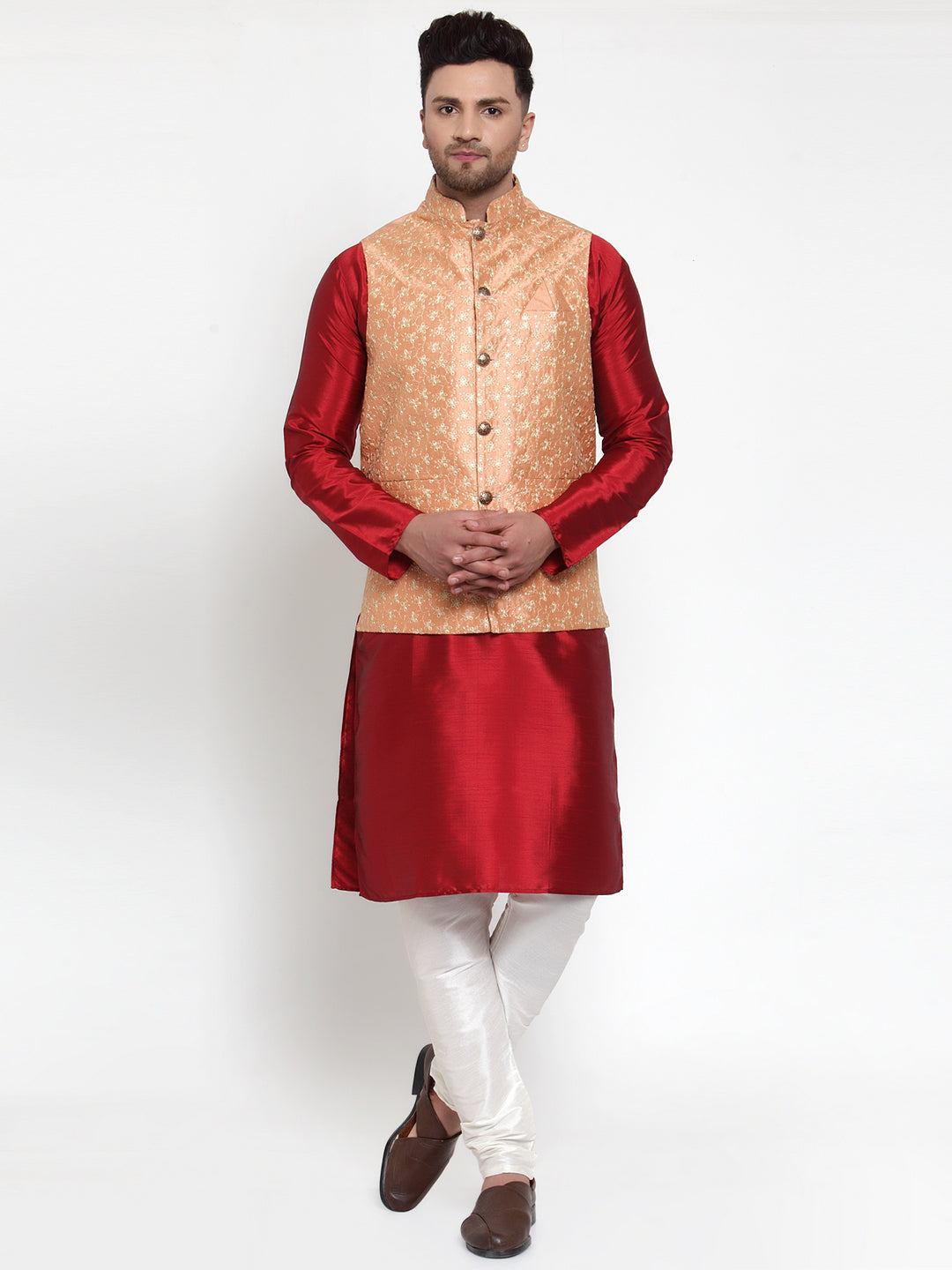 Jompers Men's Peach Embroidered Nehru Jacket