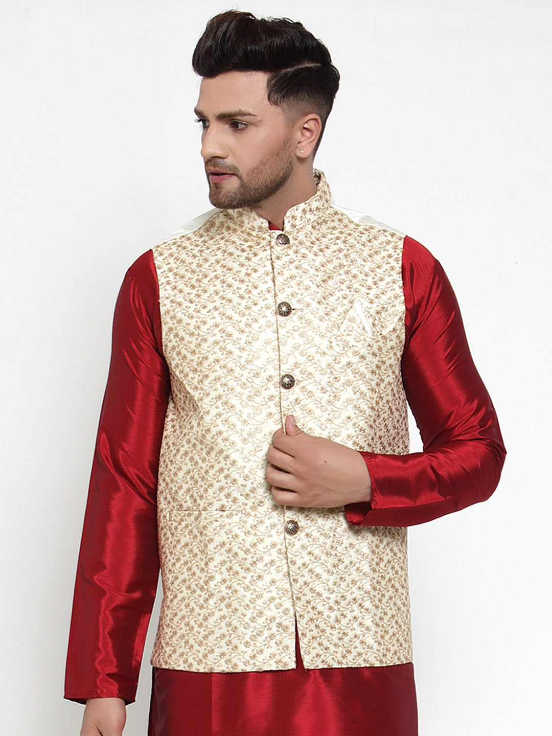 Jompers Men's Beautiful Cream Embroidered Nehru Jacket