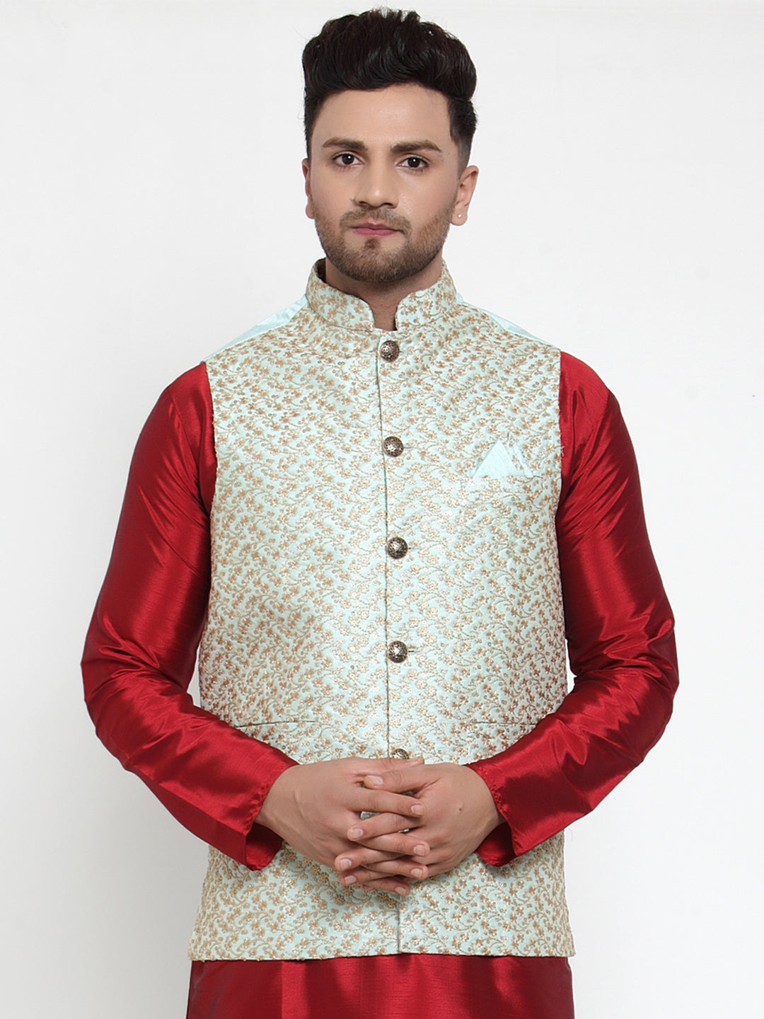 Jompers Men's Beautiful Blue Embroidered Nehru Jacket
