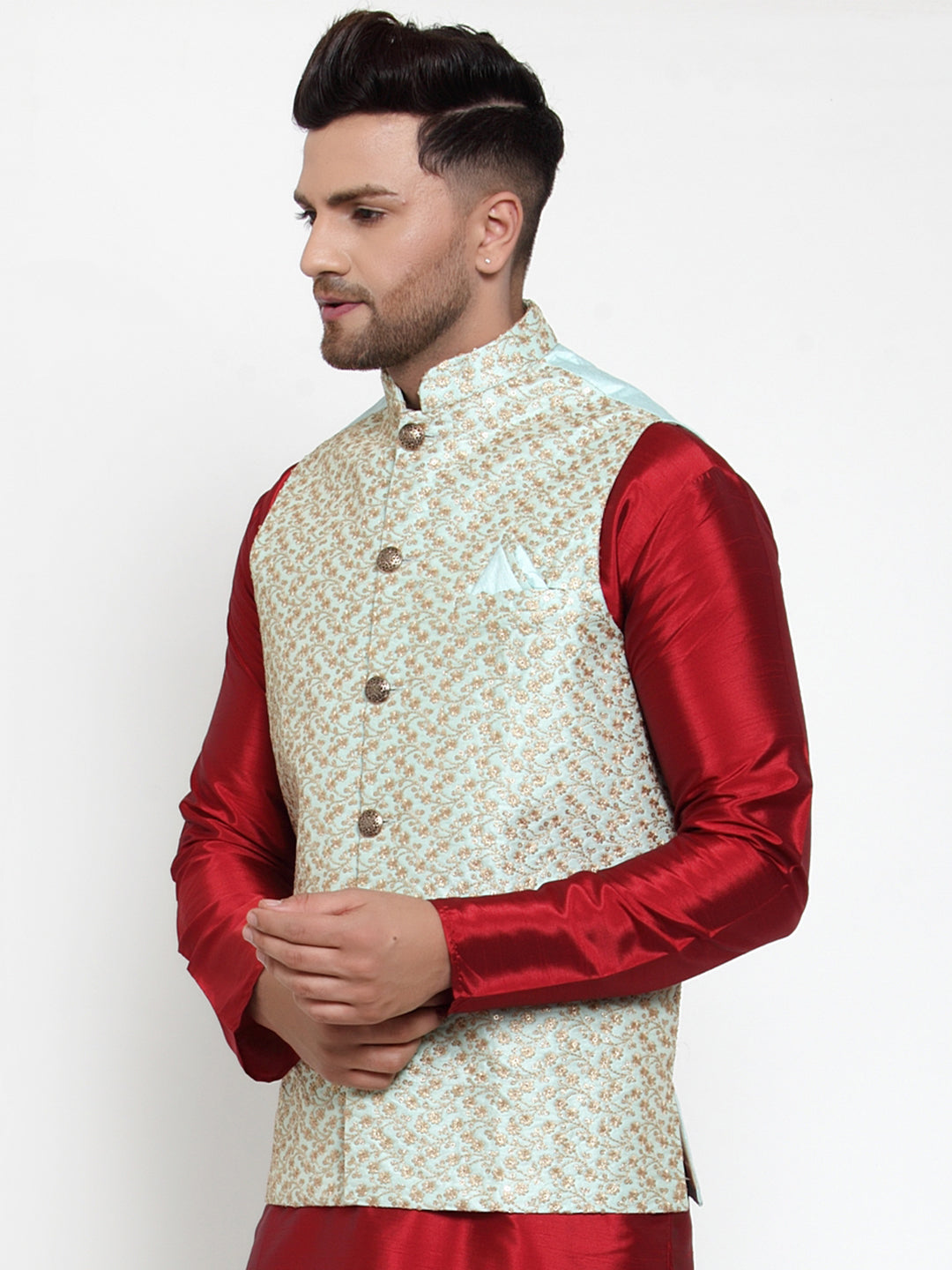 Jompers Men's Beautiful Blue Embroidered Nehru Jacket