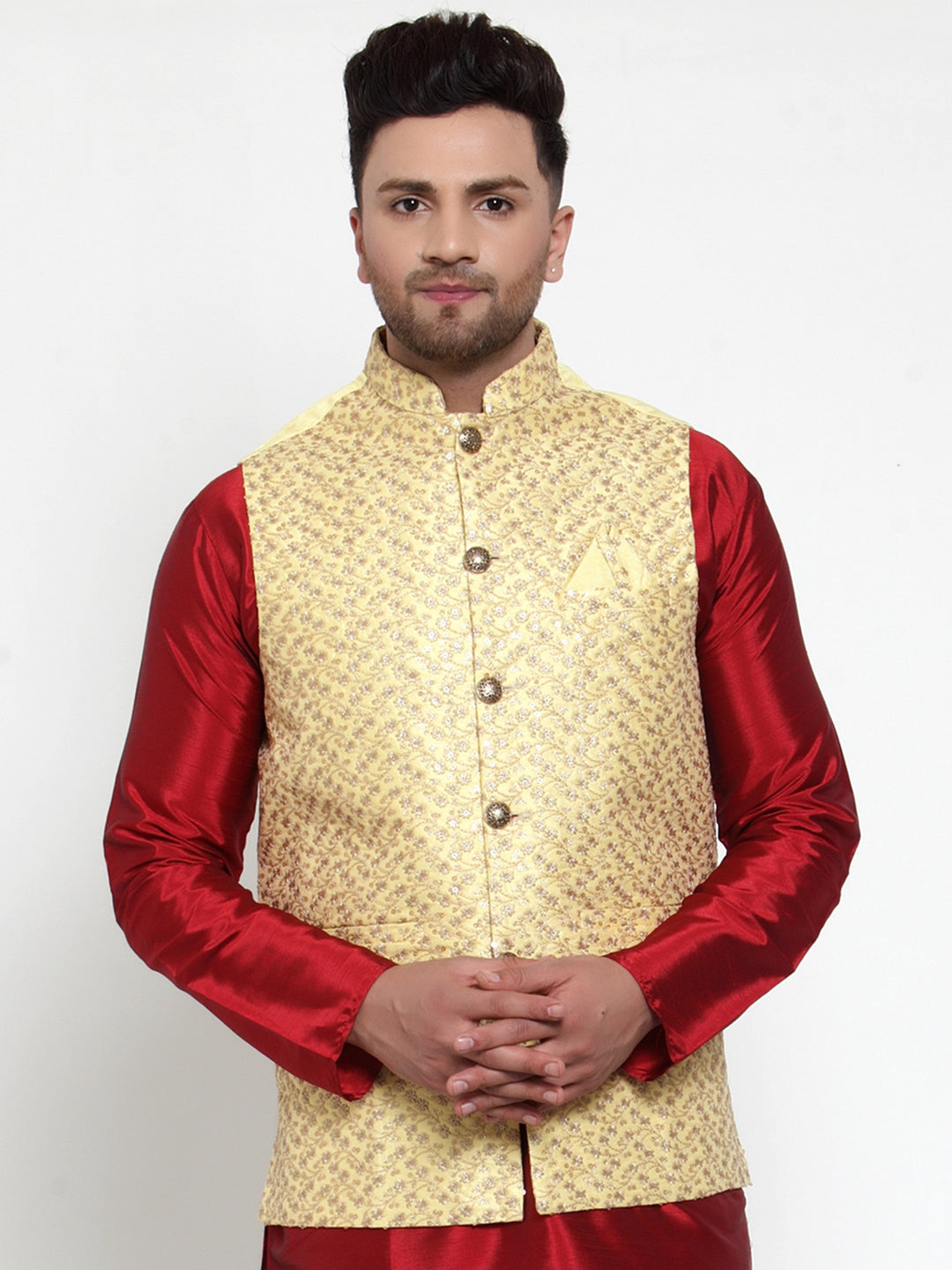 Jompers Men's Beautiful Yellow Embroidered Nehru Jacket
