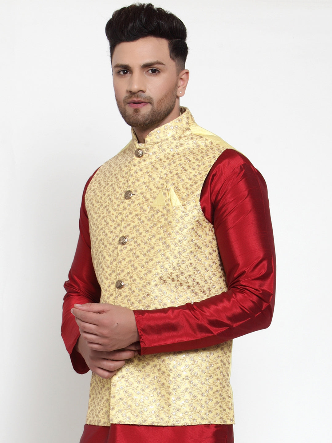 Jompers Men's Beautiful Yellow Embroidered Nehru Jacket
