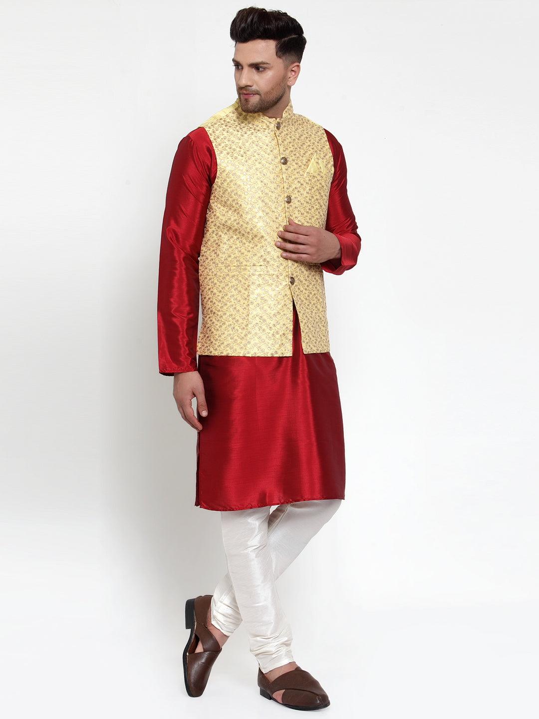 Jompers Men's Beautiful Yellow Embroidered Nehru Jacket