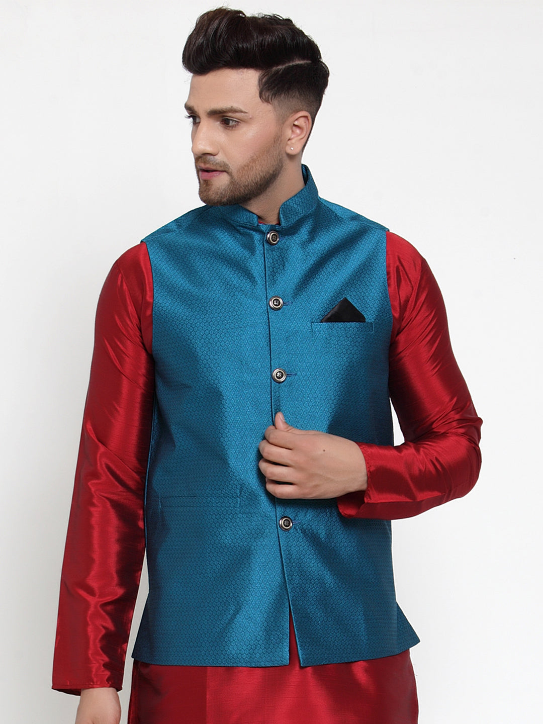 Jompers Men's Beautiful Blue Woven Jacquard Nehru Jacket
