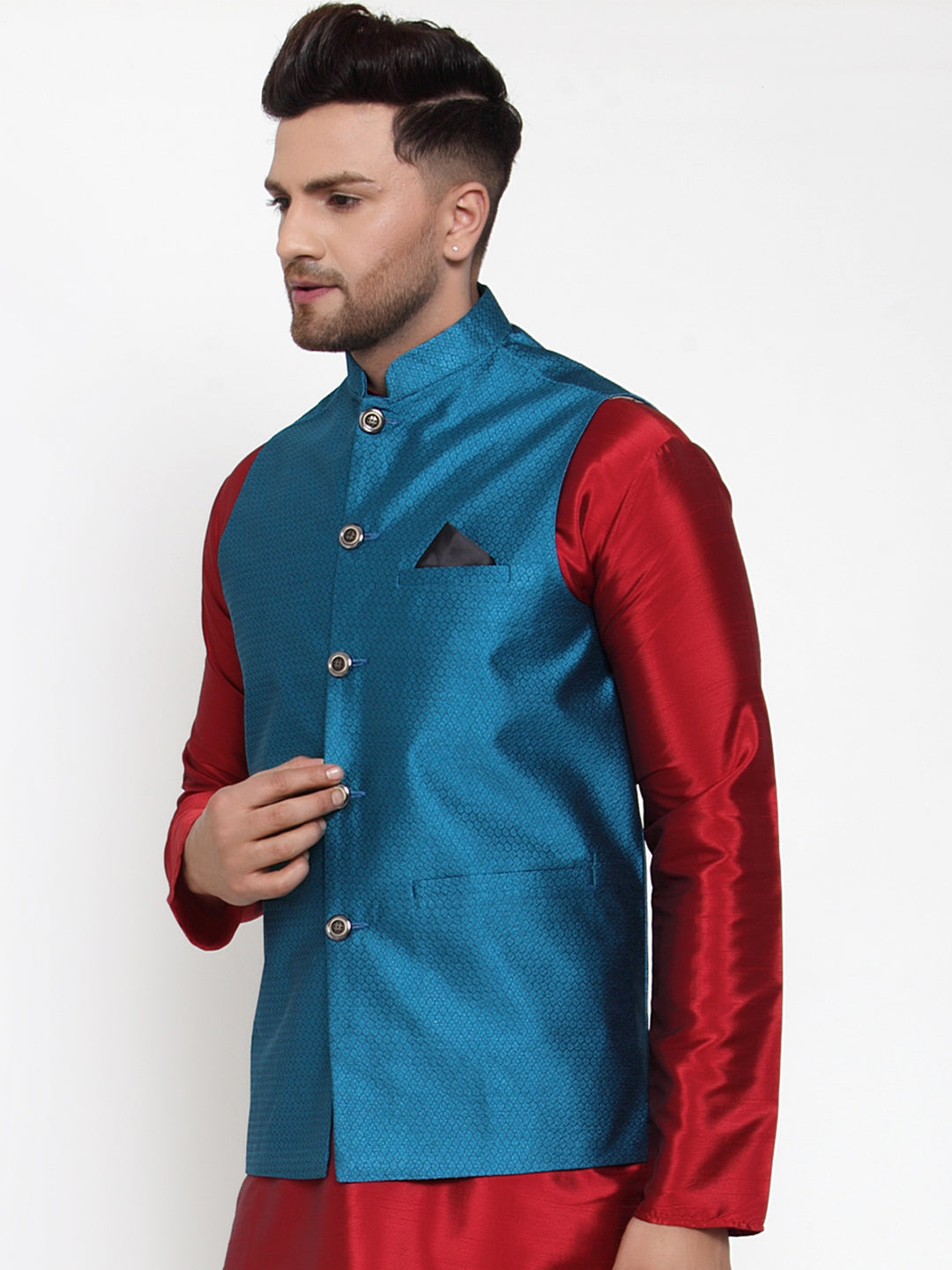 Jompers Men's Beautiful Blue Woven Jacquard Nehru Jacket