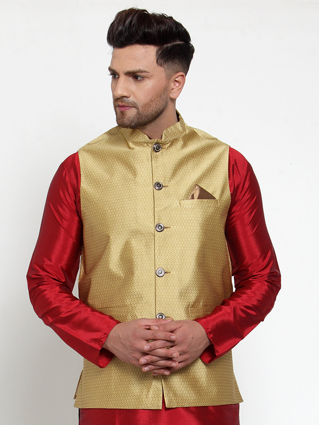 Jompers Men's Gold Woven Jacquard Nehru Jacket