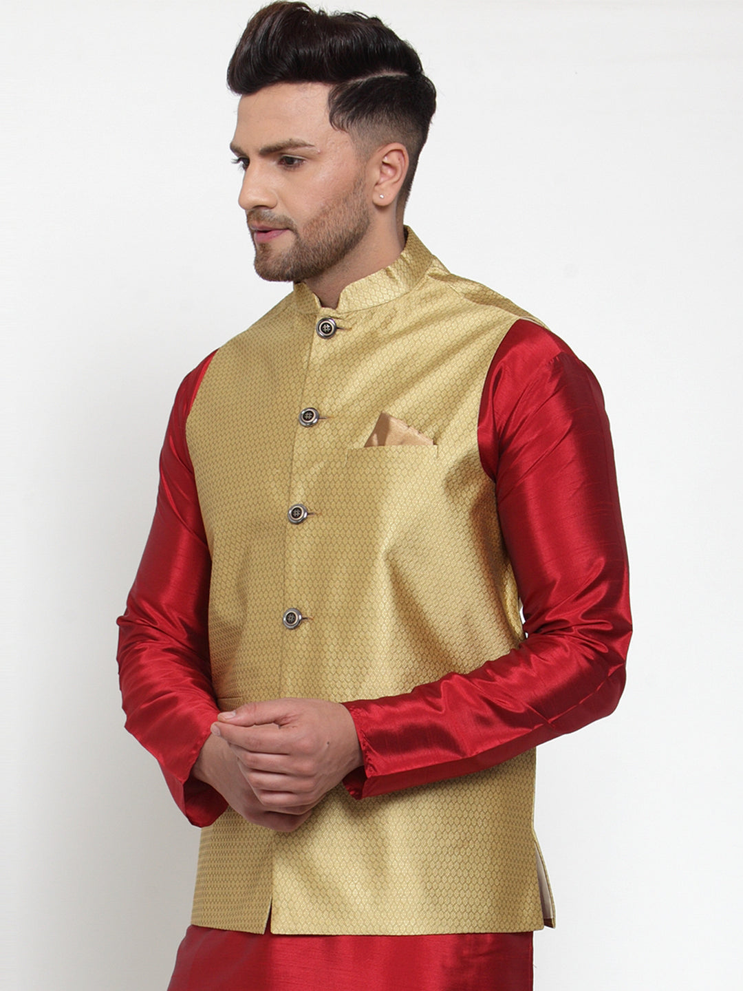 Jompers Men's Gold Woven Jacquard Nehru Jacket