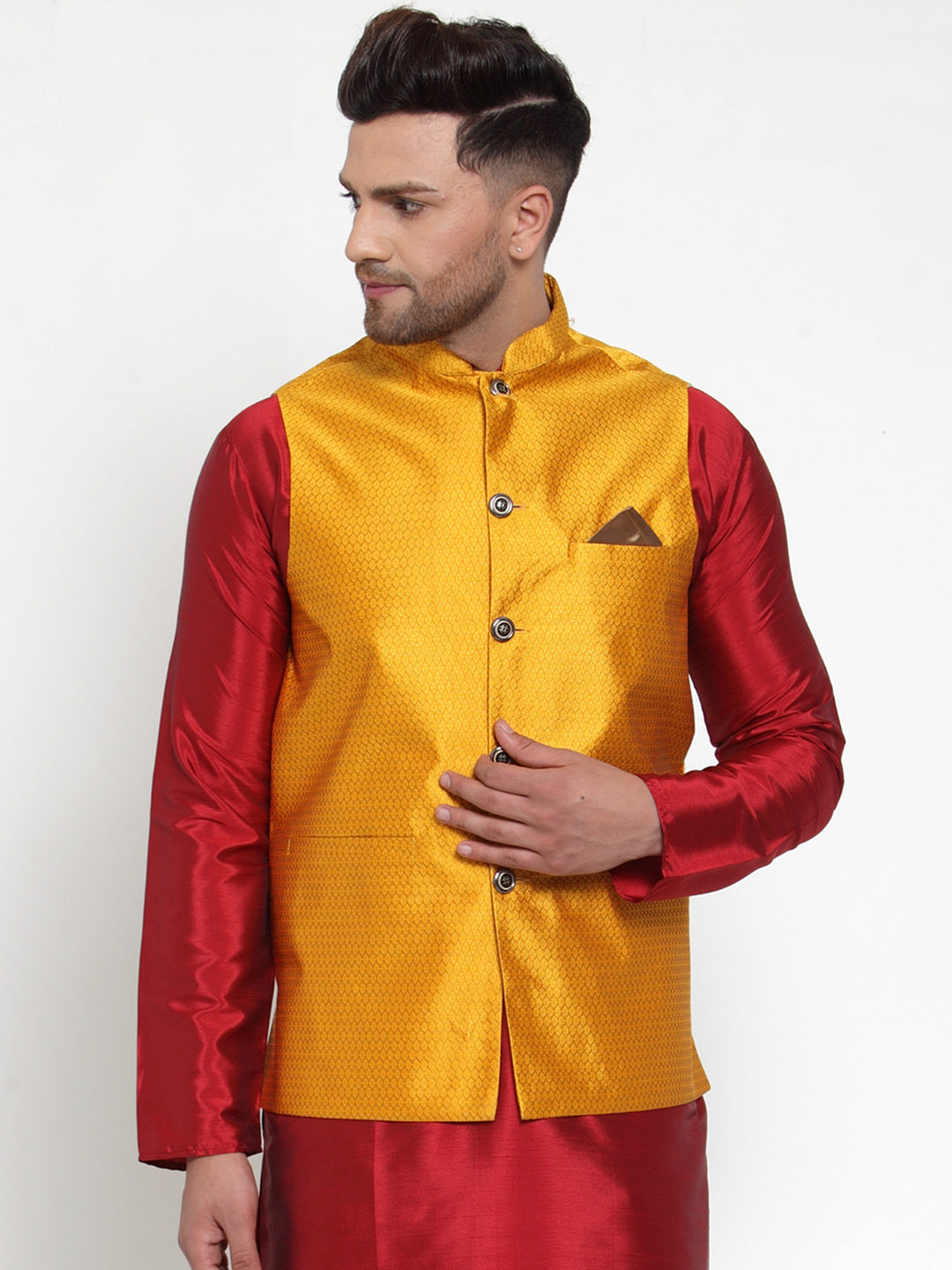 Jompers Men's Yellow Woven Jacquard Nehru Jacket