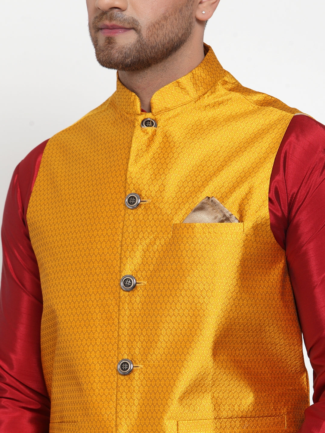 Jompers Men's Yellow Woven Jacquard Nehru Jacket