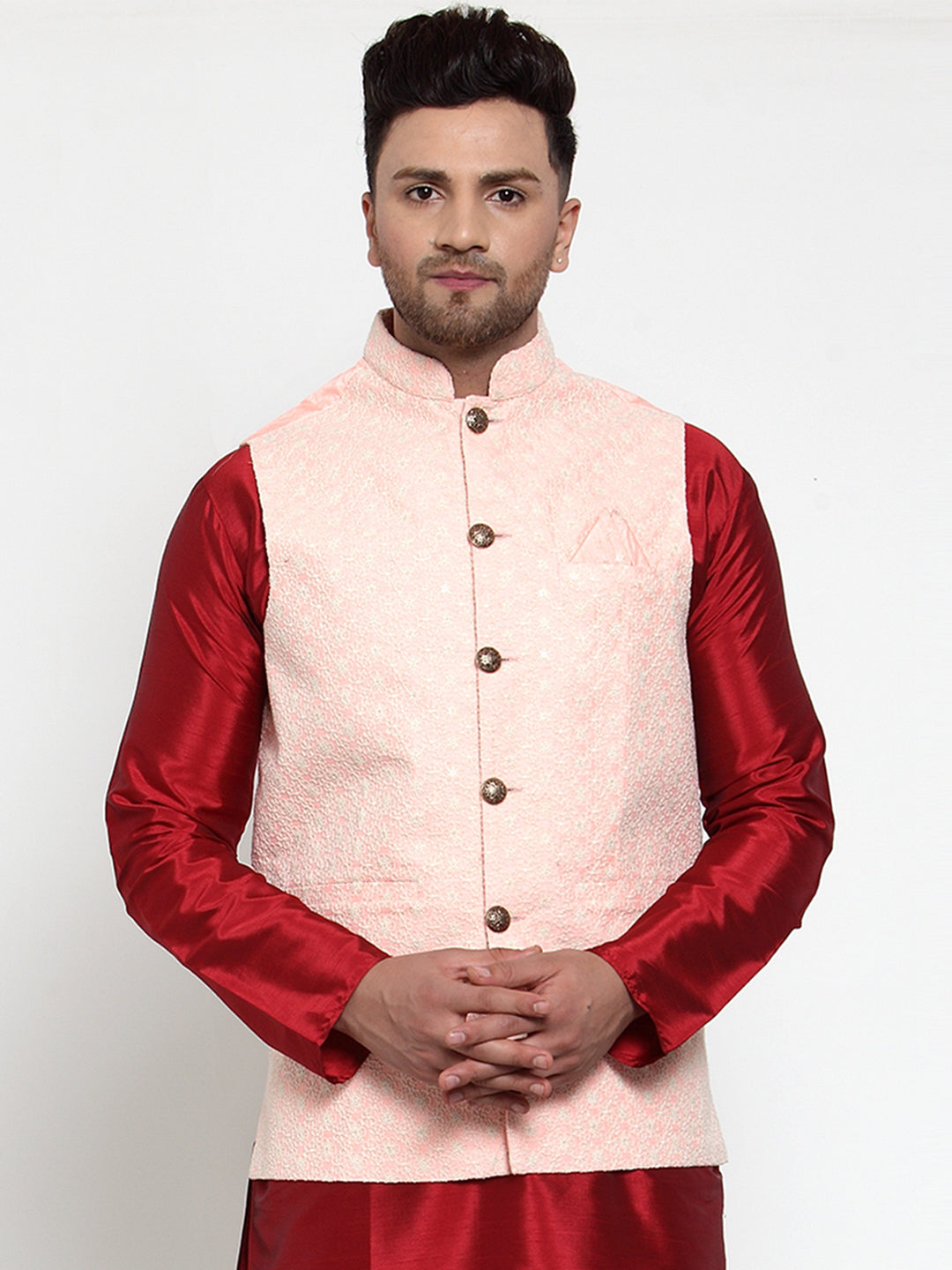 Jompers Men's Pink Embroidered Nehru Jacket