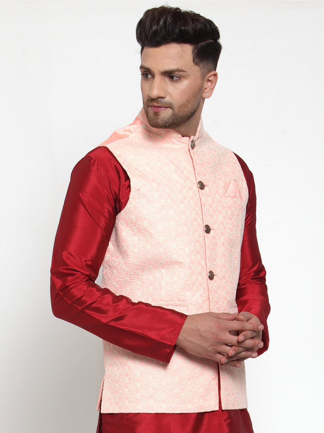 Jompers Men's Pink Embroidered Nehru Jacket