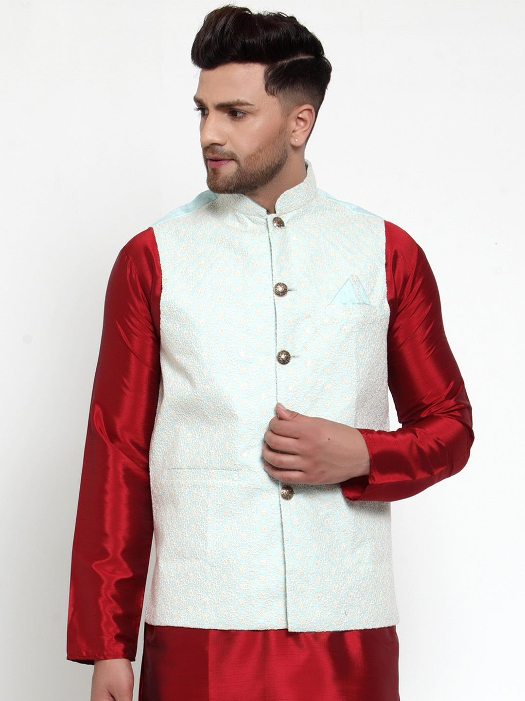 Jompers Blue Embroidered Nehru Jacket For Men