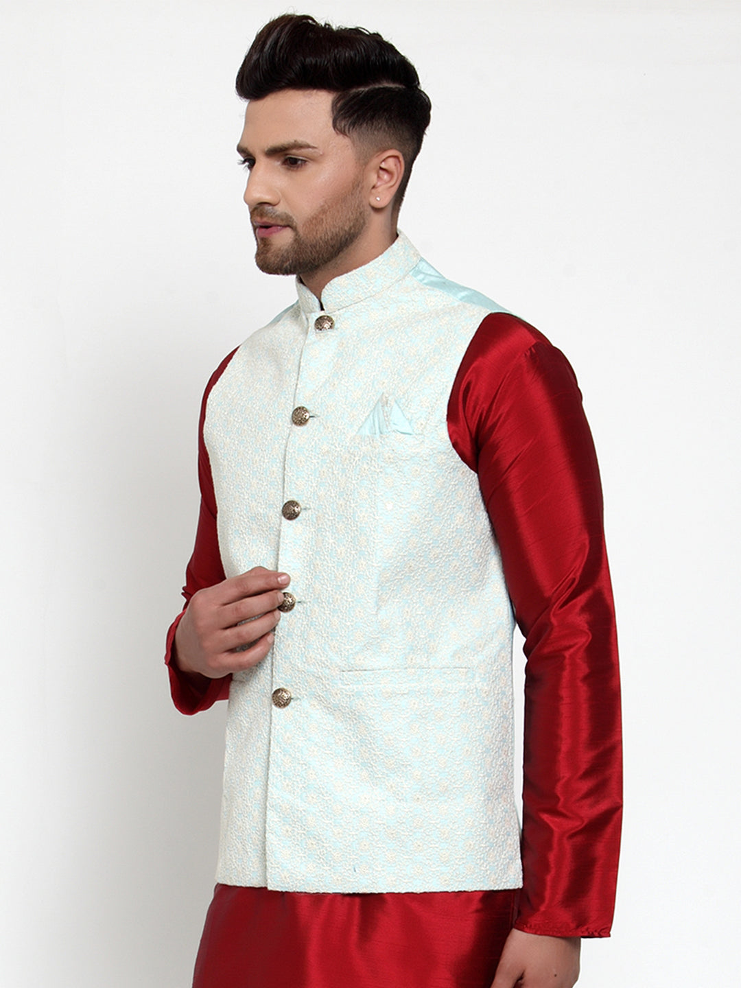 Jompers Blue Embroidered Nehru Jacket For Men