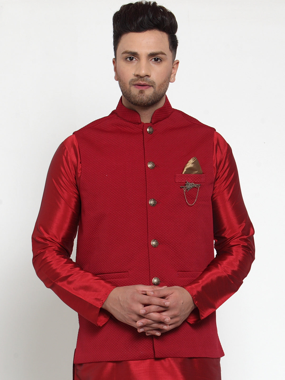 Jompers Men's Beautiful Maroon Woven Nehru Jacket