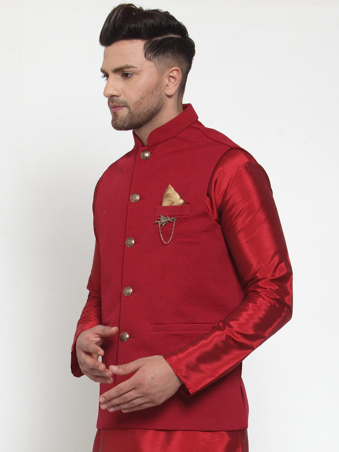 Jompers Men's Beautiful Maroon Woven Nehru Jacket