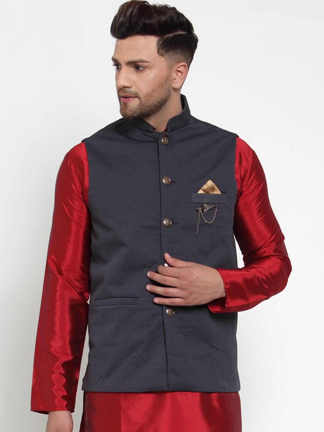 Jompers Men's Navy Woven Nehru Jacket