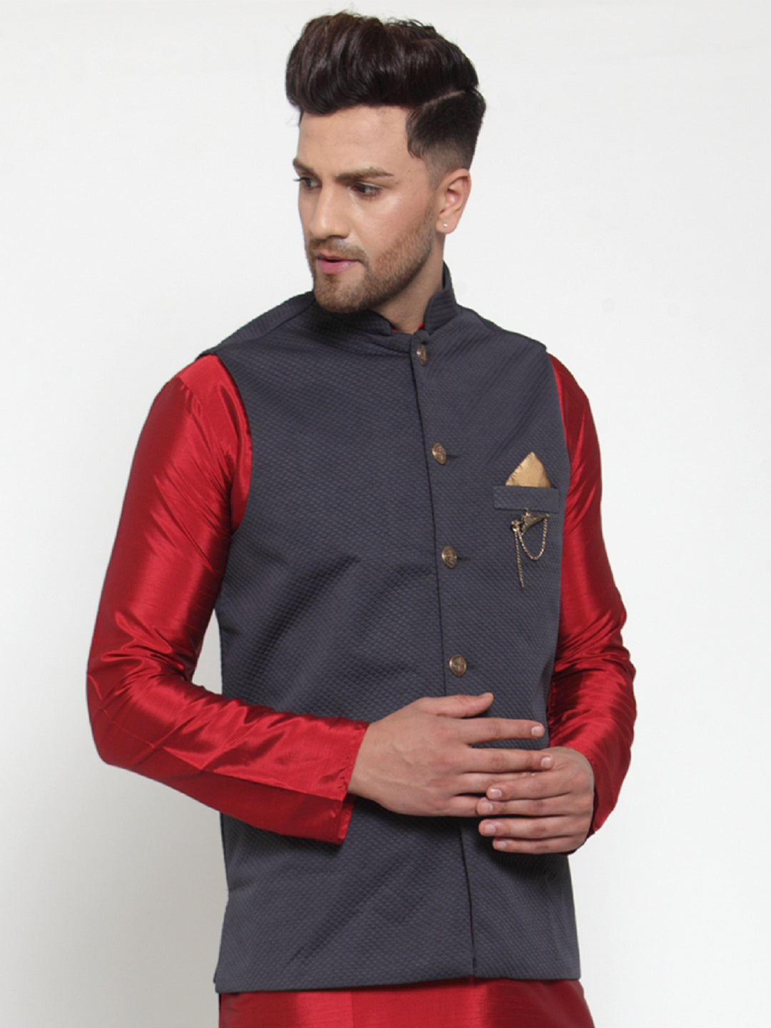Jompers Men's Navy Woven Nehru Jacket