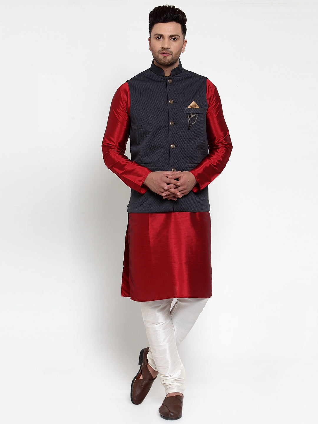 Jompers Men's Navy Woven Nehru Jacket
