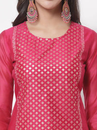 Thumbnail for Myshka Women's Cotton Printed 3/4 Sleeve Round Neck Casual Dark Pink Kurta Pant Dupatta Set
