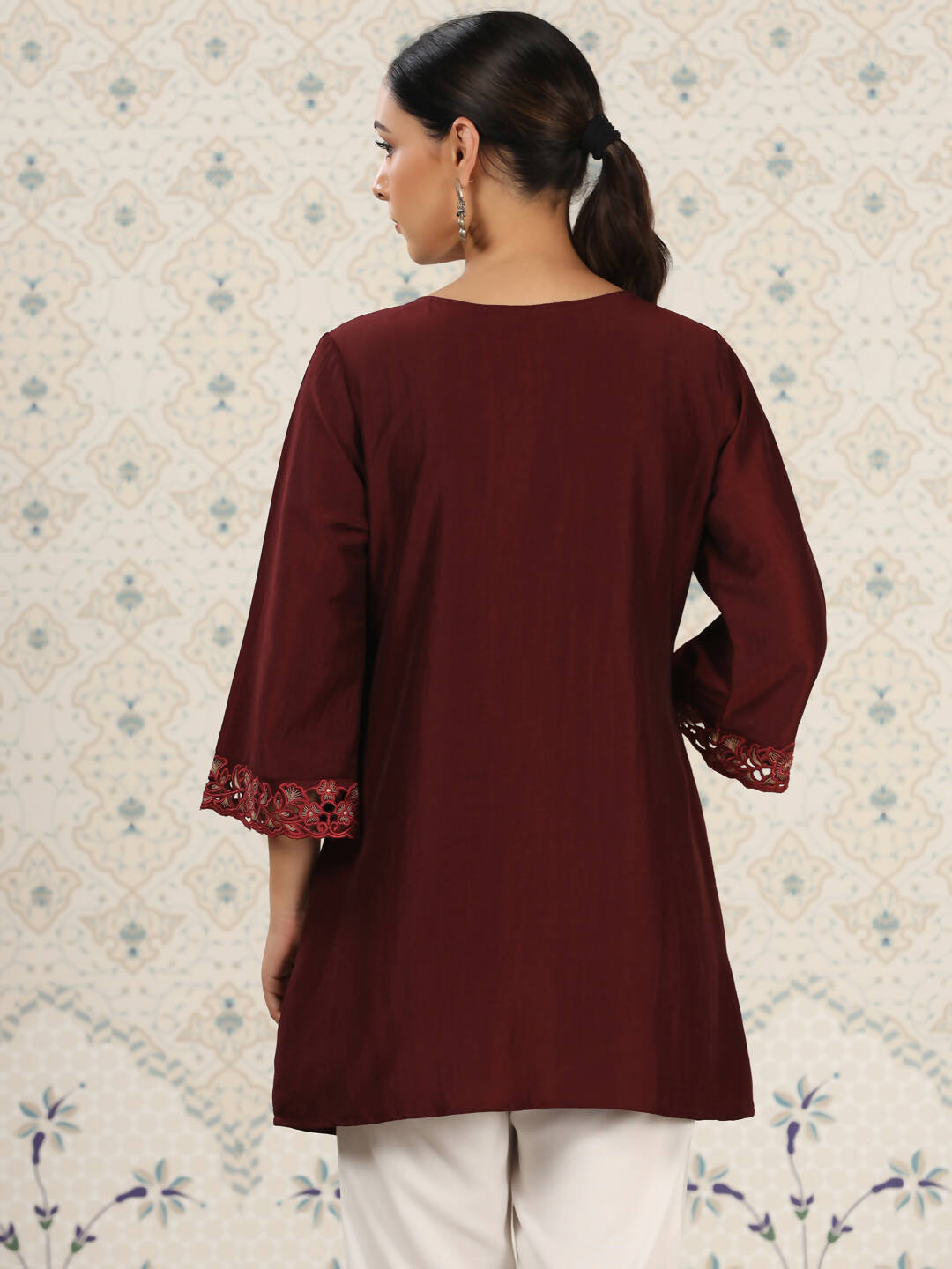 Maroon Chinon Embroidered Straight Top - Zeny - Distacart