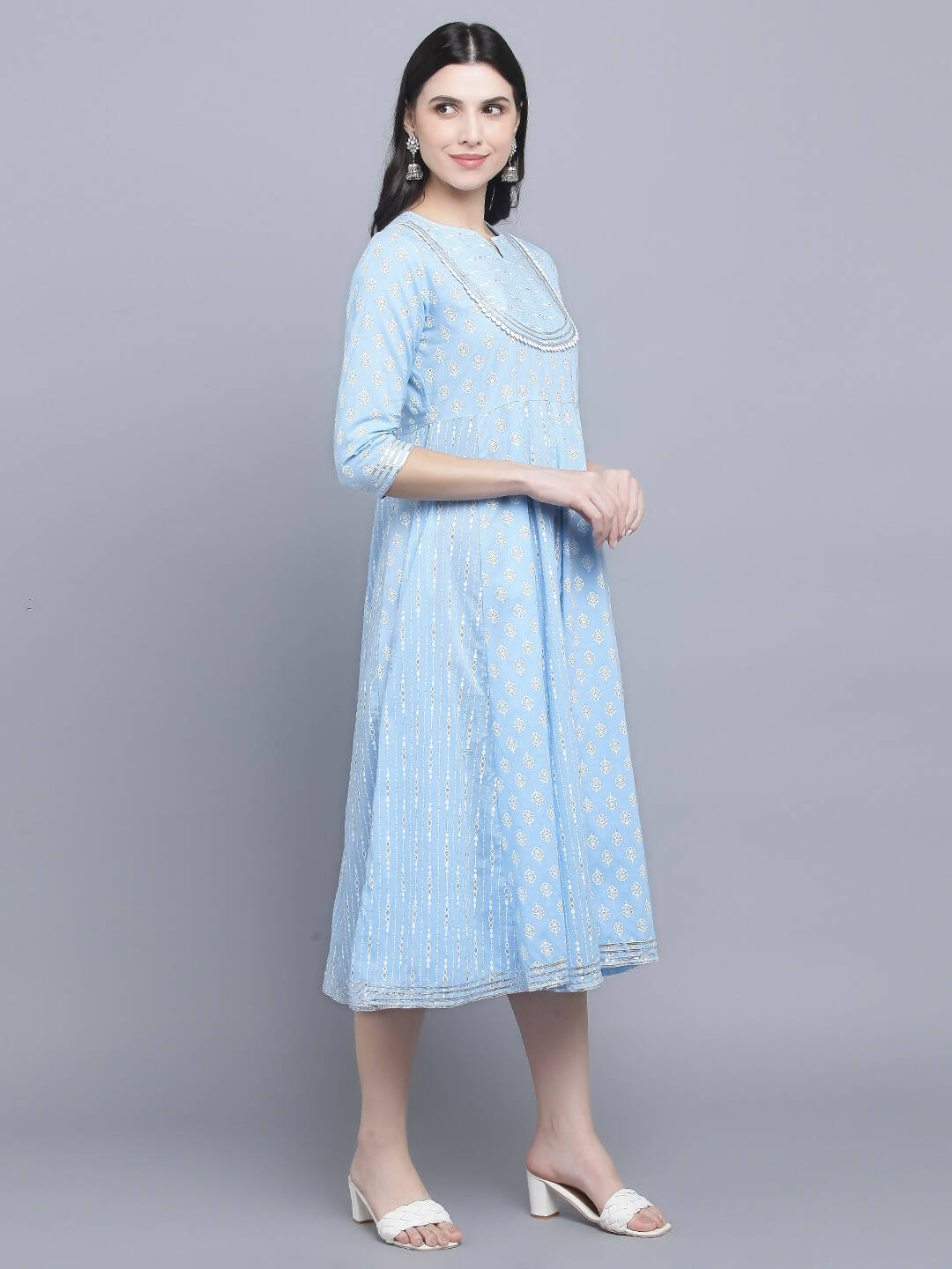 Myshka Women's Blue Ethnic Motifs Empire Midi Dress - Distacart