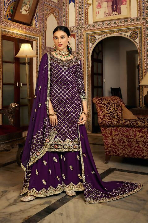 Purple Heavy Chinon Semi Stitched Kurta with Bottom & Dupatta - Dhvani - Distacart